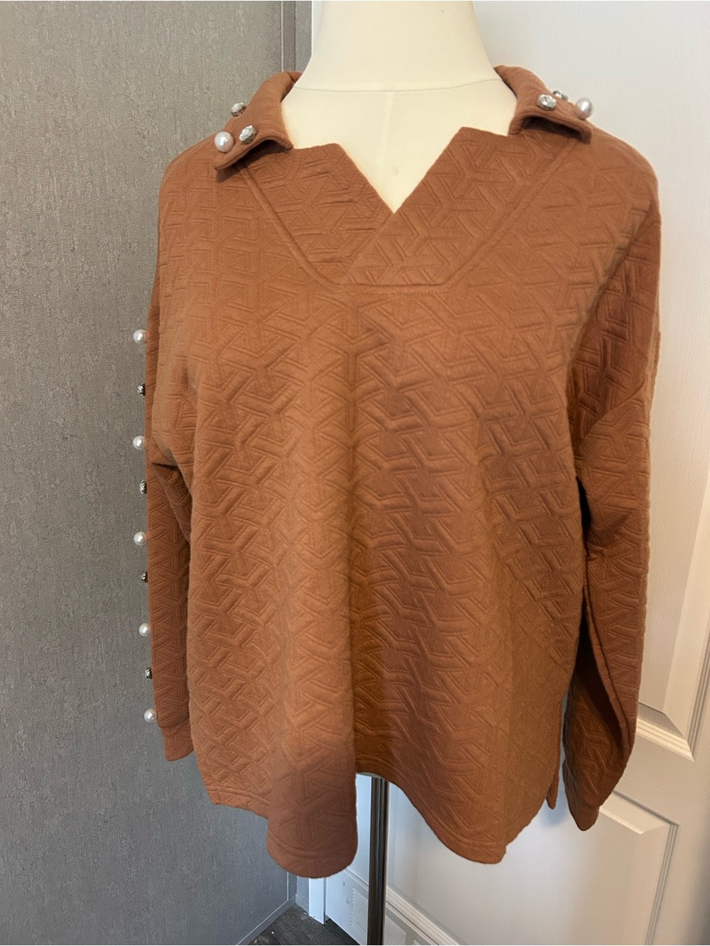 Simply Southern Brown Pearl-Accent V-Neck Sweater